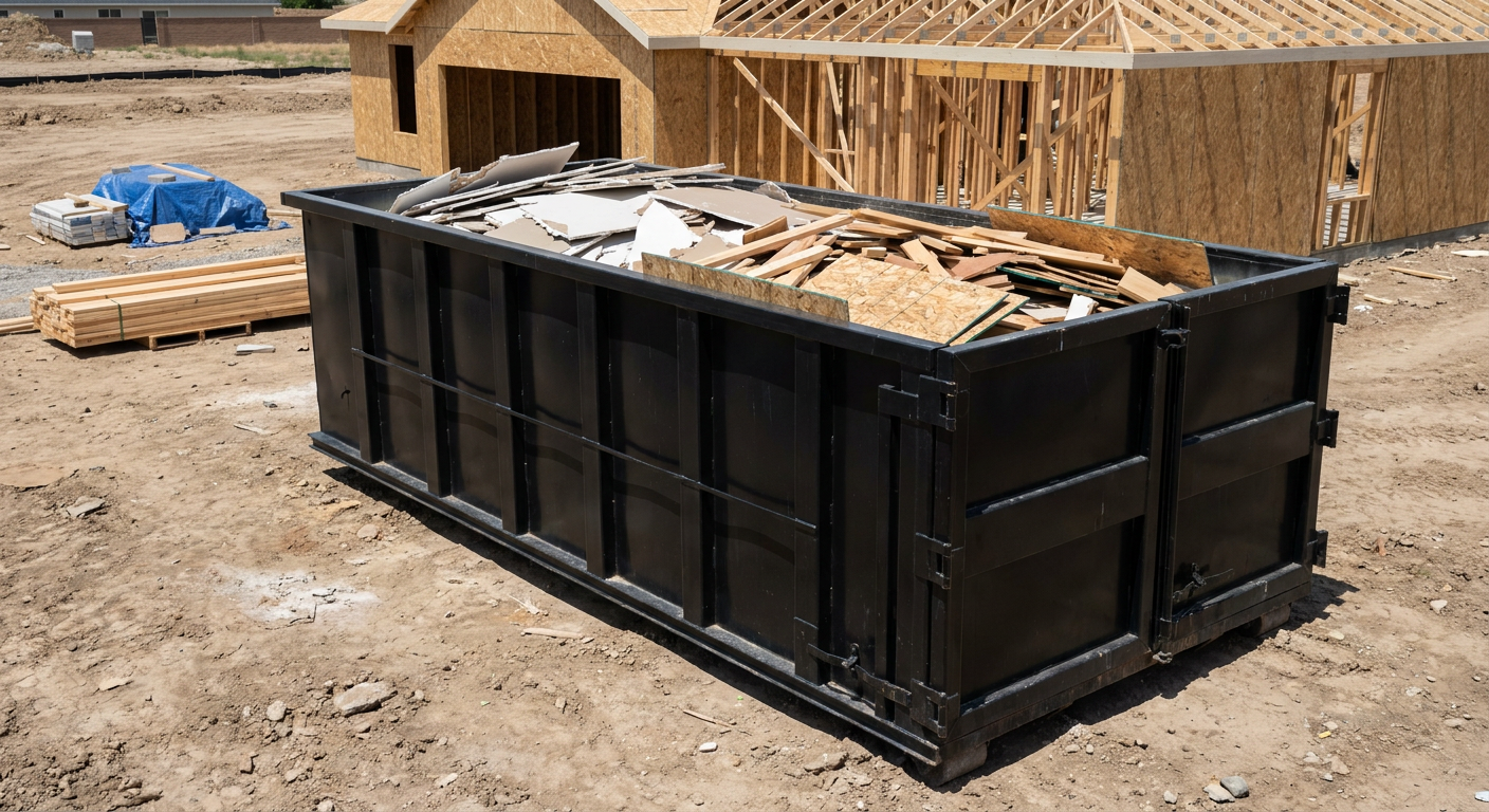 Matte-black 30-yard roll-off construction dumpster sitting directly on the compacted-dirt site of a framed single-family home build in Rancho Cucamonga, drywall and lumber scrap loaded inside.