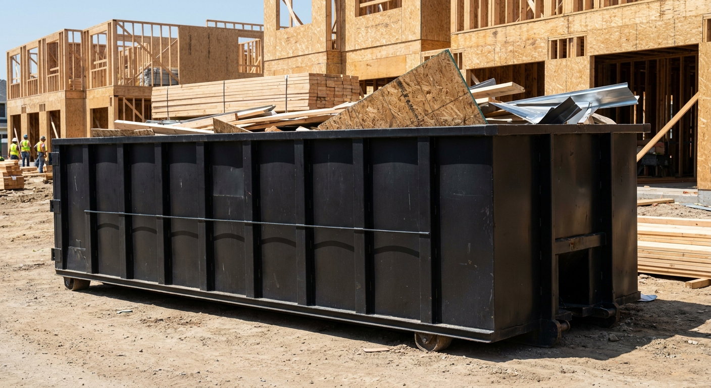 Matte-black 40-yard roll-off construction dumpster being lowered from a white-cab hooklift delivery truck onto the compacted-dirt jobsite at a commercial build site in Rancho Cucamonga