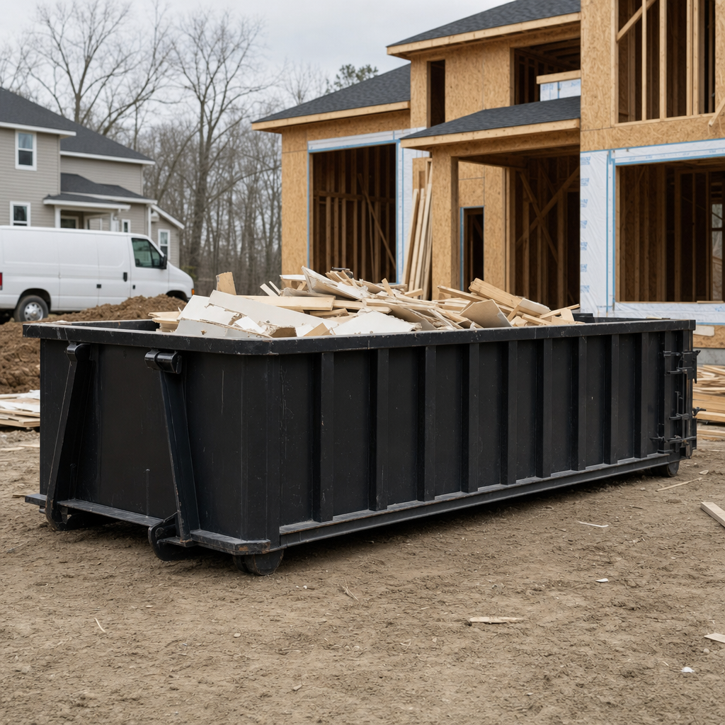 Worker in a yellow high-visibility vest tossing framing lumber and broken drywall into a matte-black 30-yard construction roll-off dumpster on an active build site in Rancho Cucamonga, bright daylight