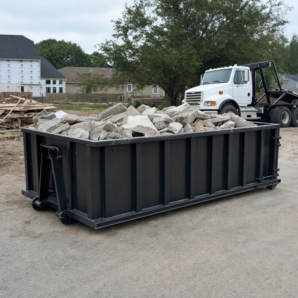 Low-profile matte-black lowboy roll-off dumpster loaded with broken concrete slab and rebar at a foundation tear-out in Rancho Cucamonga, skid steer parked beside it, sunny Colorado morning