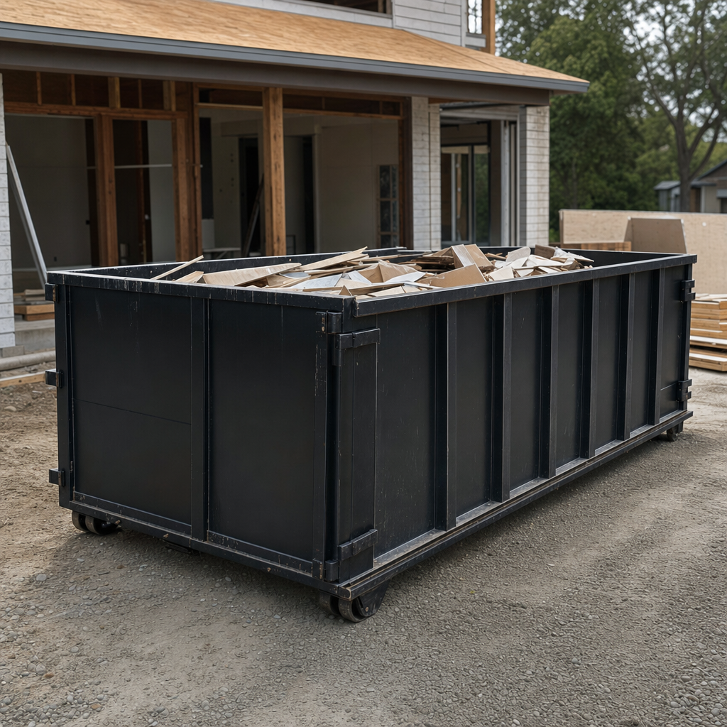 Large matte-black 30-yard construction roll-off dumpster at an active Rancho Cucamonga jobsite, steel-gray top rails and bottom rollers visible, loaded with construction debris.