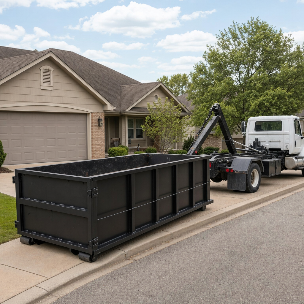Wide documentary shot of a matte-black roll-off dumpster on a Rancho Cucamonga residential driveway in the foreground and a contractor jobsite container in the soft-focus background, bright daylight, calm and orderly composition.