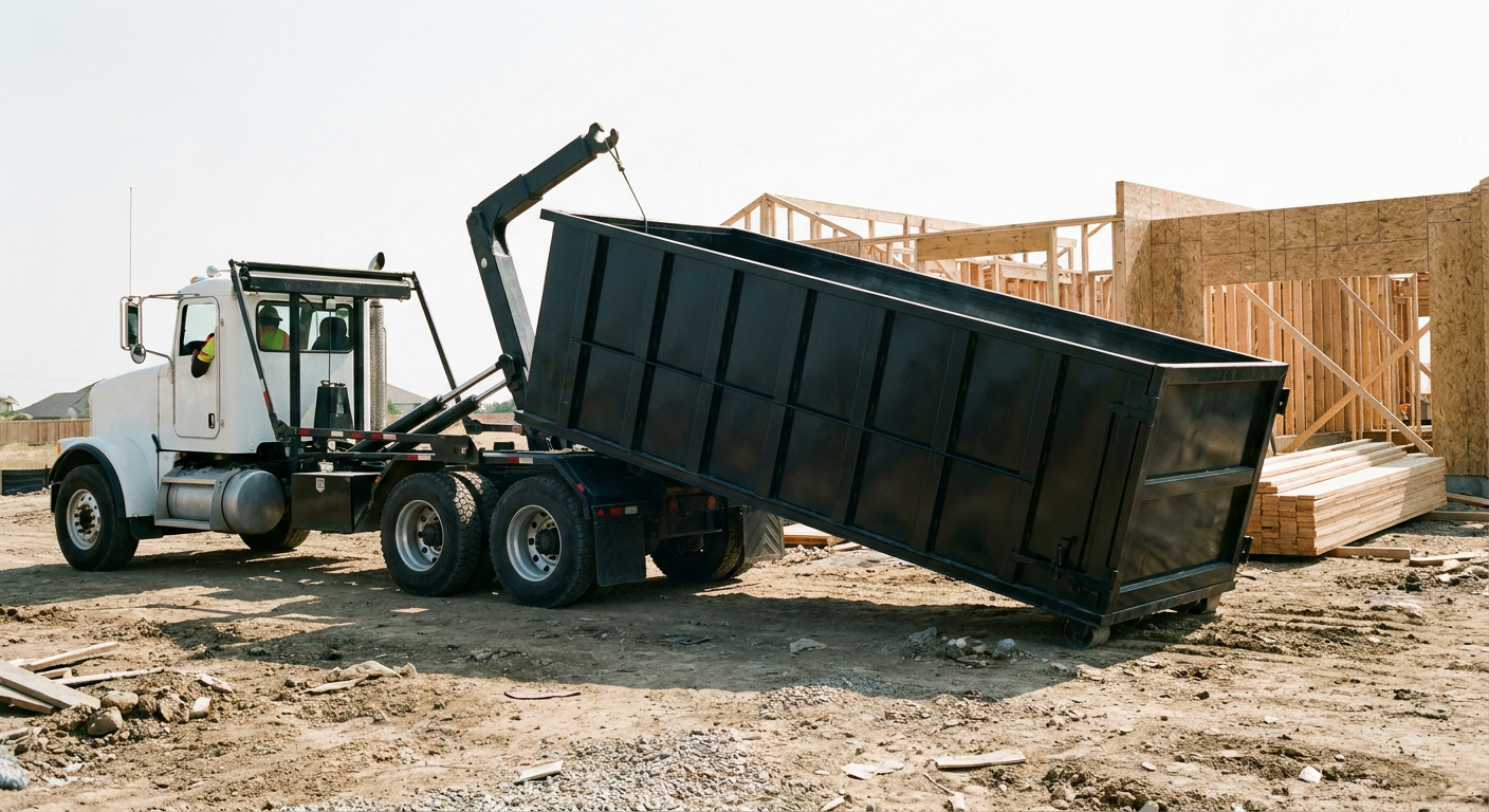Matte-black roll-off dumpster being delivered onto a clean residential concrete driveway in Rancho Cucamonga by an unmarked white hooklift hauler truck, bright morning daylight, documentary 35mm perspective.