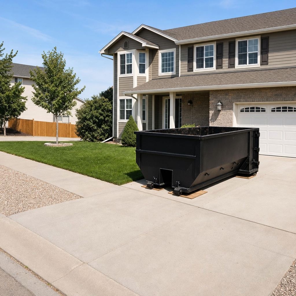 10-yard matte-black residential dumpster placed directly on a narrow Rancho Cucamonga concrete driveway, room remains for a parked sedan beside it, mid-morning natural light