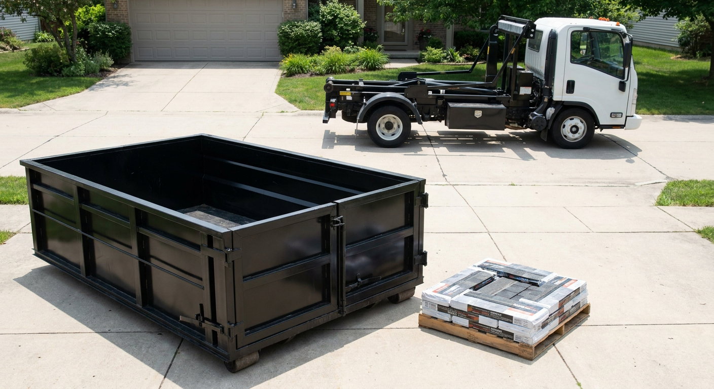 Matte-black 15-yard roofing roll-off dumpster with reinforced low side walls sitting directly on a Rancho Cucamonga residential concrete driveway, three-tab asphalt shingle bundles stacked nearby, an unmarked white hauler truck partially visible at the edge of the frame.