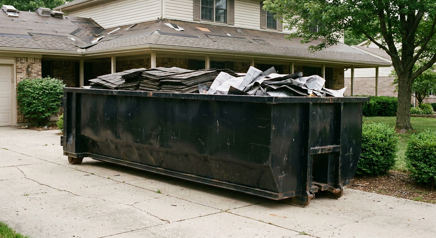 Matte-black 30-yard roofing roll-off dumpster sitting directly on a Rancho Cucamonga concrete driveway, taller ribbed steel side panels, mixed tear-off debris of asphalt shingles and underlayment inside, professional documentary daylight.