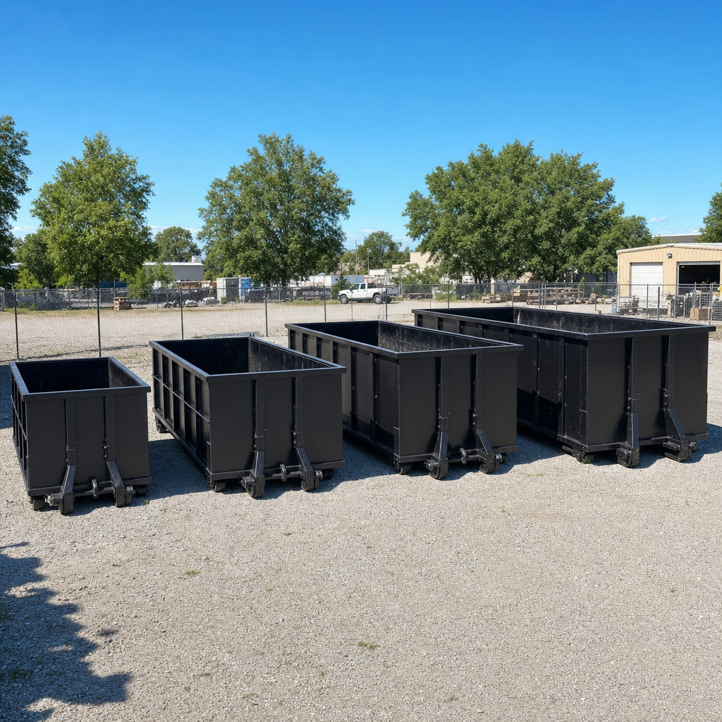A clean lineup of matte-black roll-off dumpsters in 10, 20, 30, and 40-yard sizes staged on a sunlit gravel yard in Rancho Cucamonga, showing the size progression from compact to commercial-scale containers.