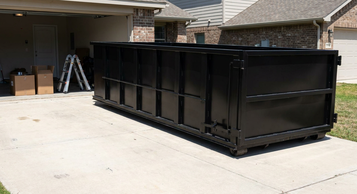 A matte-black 10-yard roll-off dumpster sitting directly on a residential Rancho Cucamonga concrete driveway, mid-day sunlight, clean and ready for a garage cleanout.