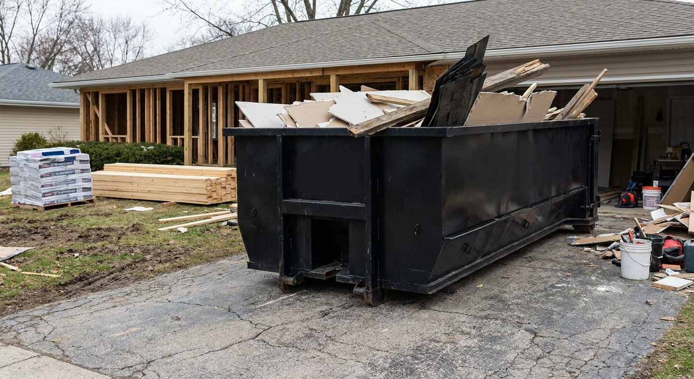 A matte-black 20-yard roll-off dumpster placed alongside a mid-renovation Rancho Cucamonga home directly on the asphalt driveway, with framing materials and torn-off shingles staged neatly nearby.