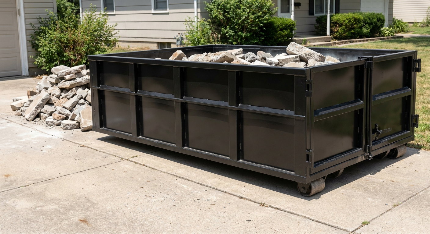 A matte-black low-side heavy-debris roll-off dumpster placed directly on a Rancho Cucamonga concrete driveway, with broken concrete chunks neatly stacked beside it under clean daylight.